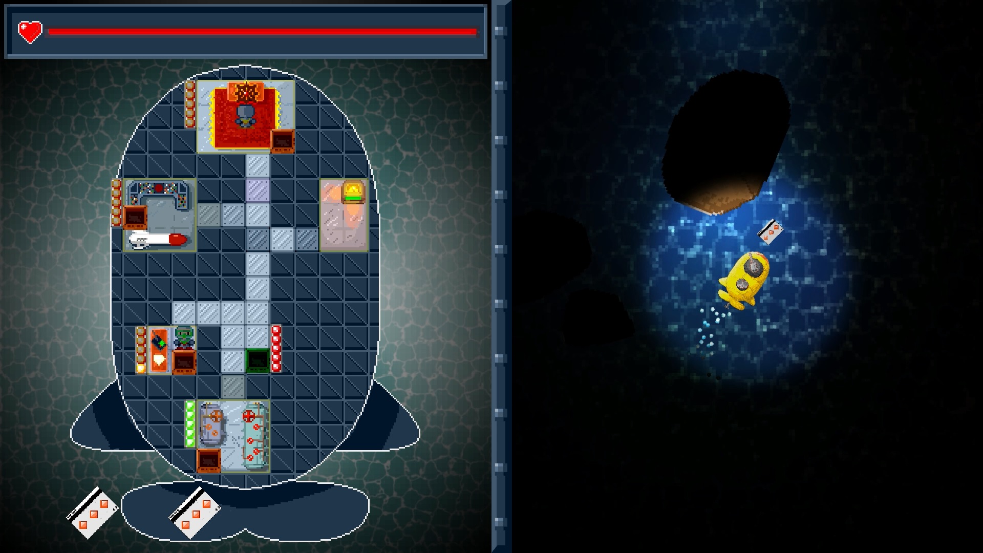 Gameplay of S.U.B., the inside of the submarine (left) controls the submarine in the ocean (right)