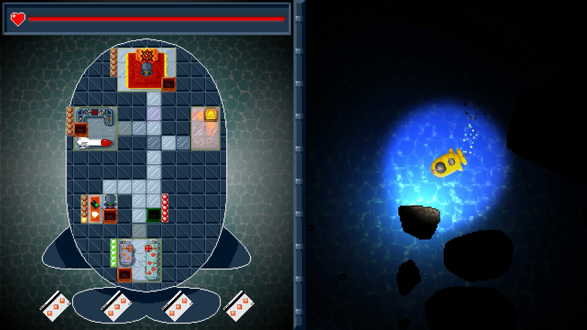 Gameplay of S.U.B., the inside of the submarine (left) controls the submarine in the ocean (right)