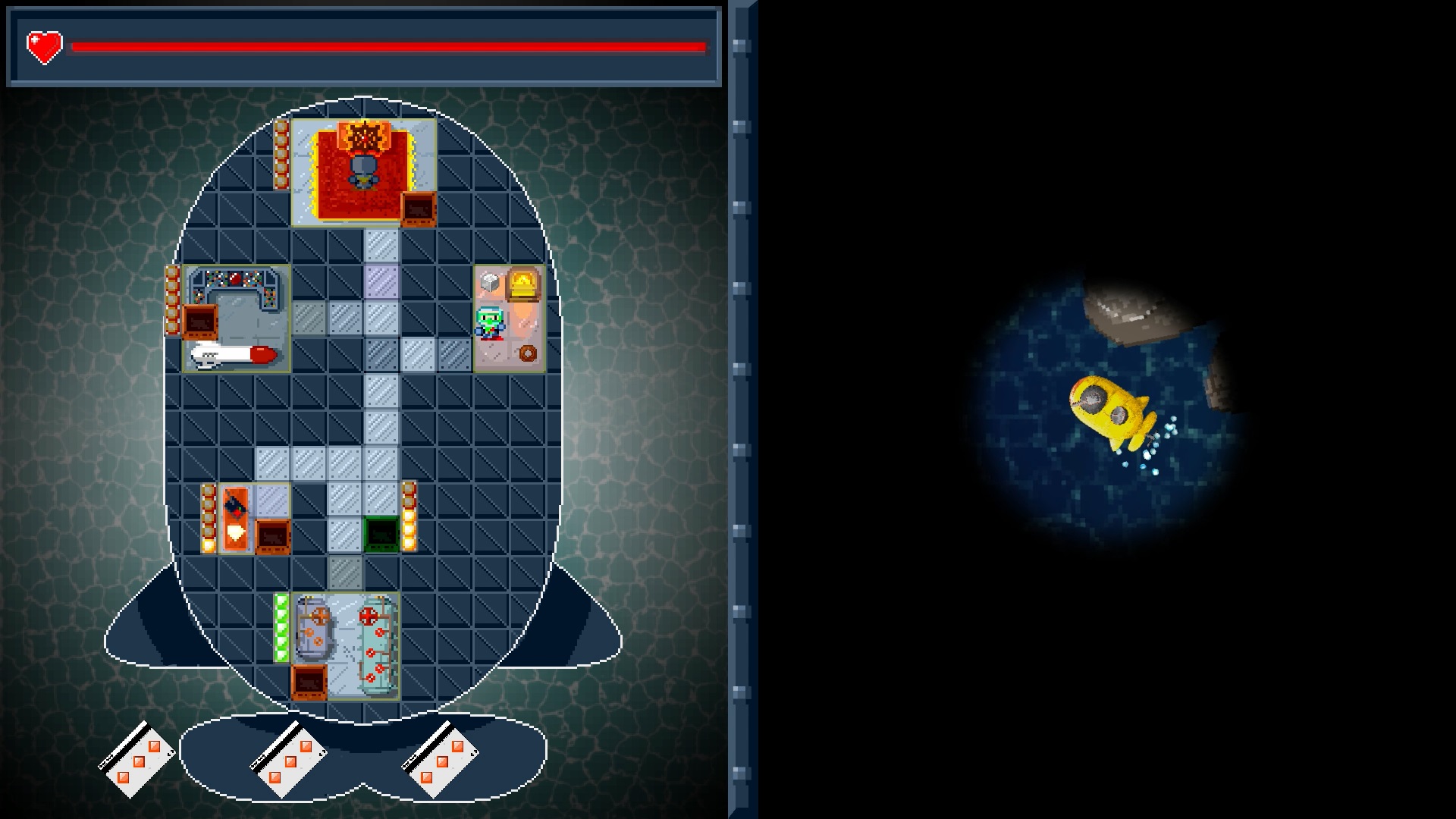 Gameplay of S.U.B., the inside of the submarine (left) controls the submarine in the ocean (right)